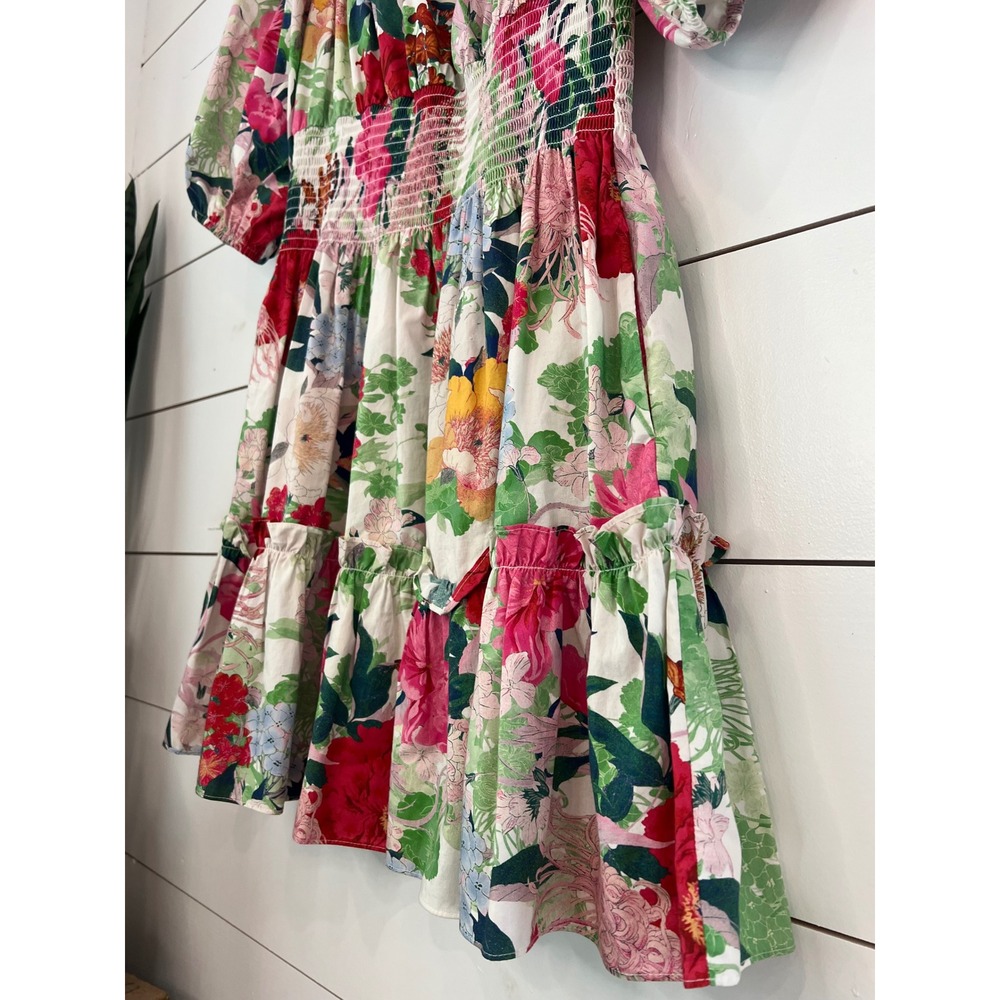 Cara Cara Floral Smocked Mini Dress Pink Cotton Puff Sleeve cottagecore wedding - Picture 4 of 8